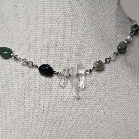 India Agate And Clear Quartz Crystal Beaded Choker Necklace - Picture 3 of 3